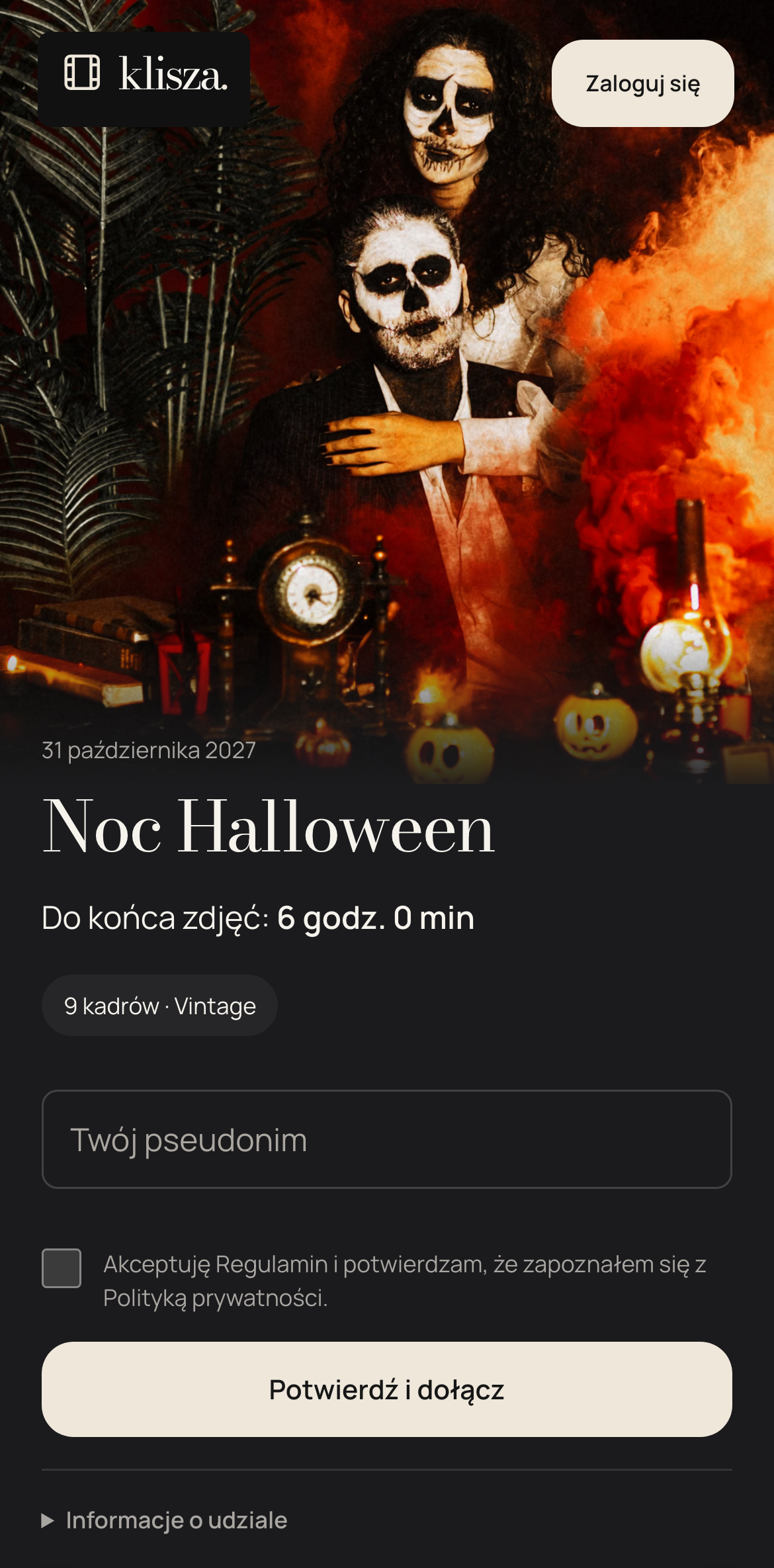 Zaproszenie Klisza: Noc Halloween, z polem na imię przed dołączeniem