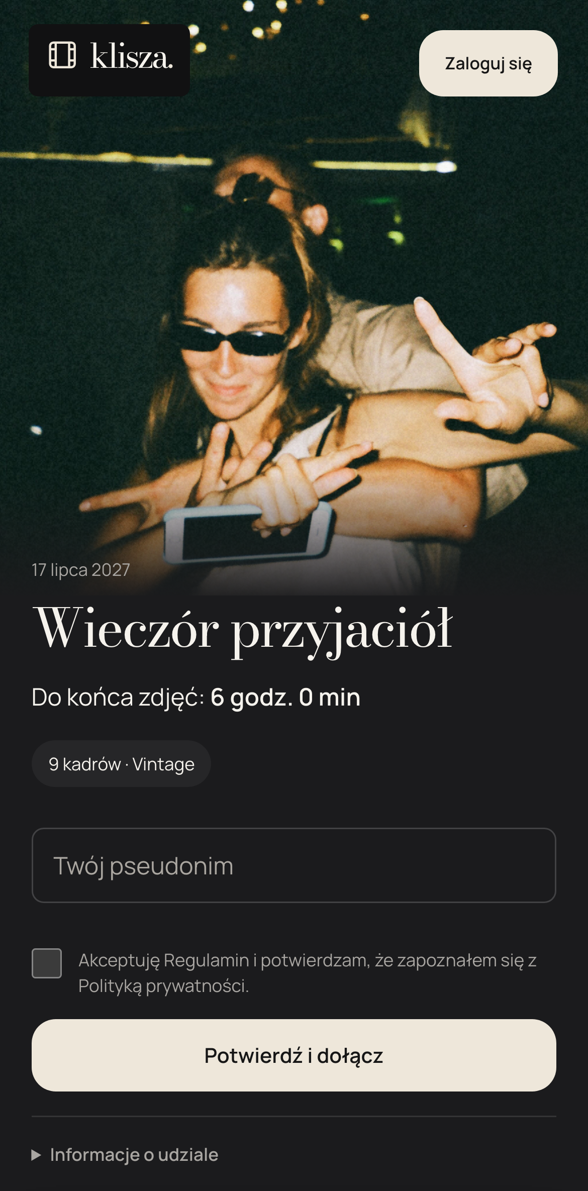 Zaproszenie Klisza: Wieczór przyjaciół, z polem na imię przed dołączeniem