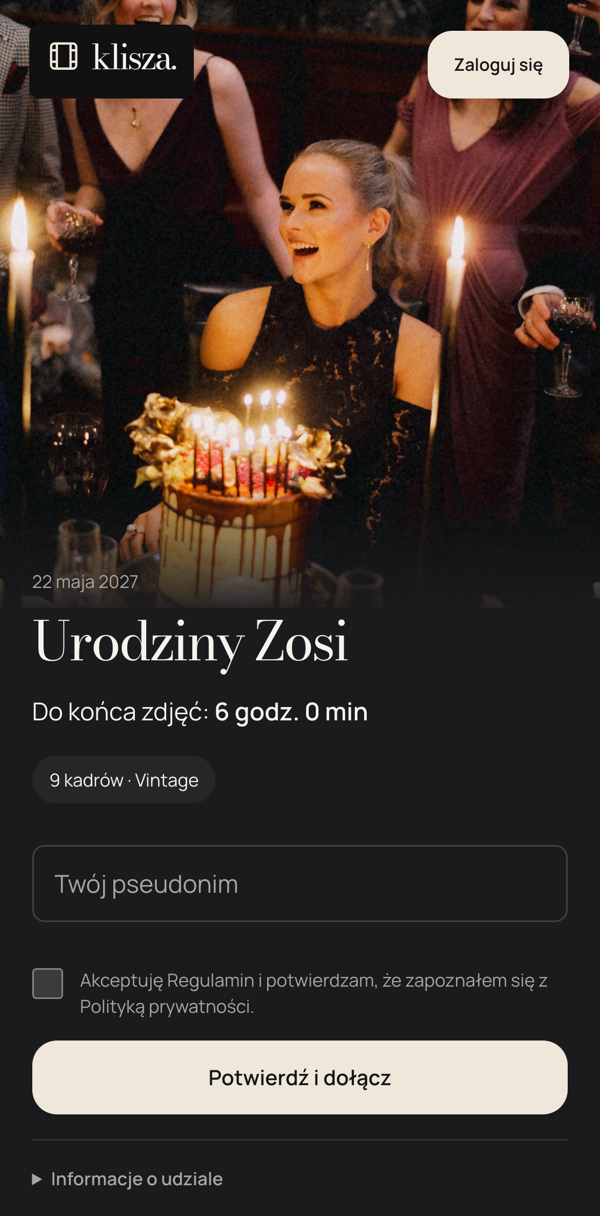 Zaproszenie Klisza: Urodziny Zosi, z polem na imię przed dołączeniem