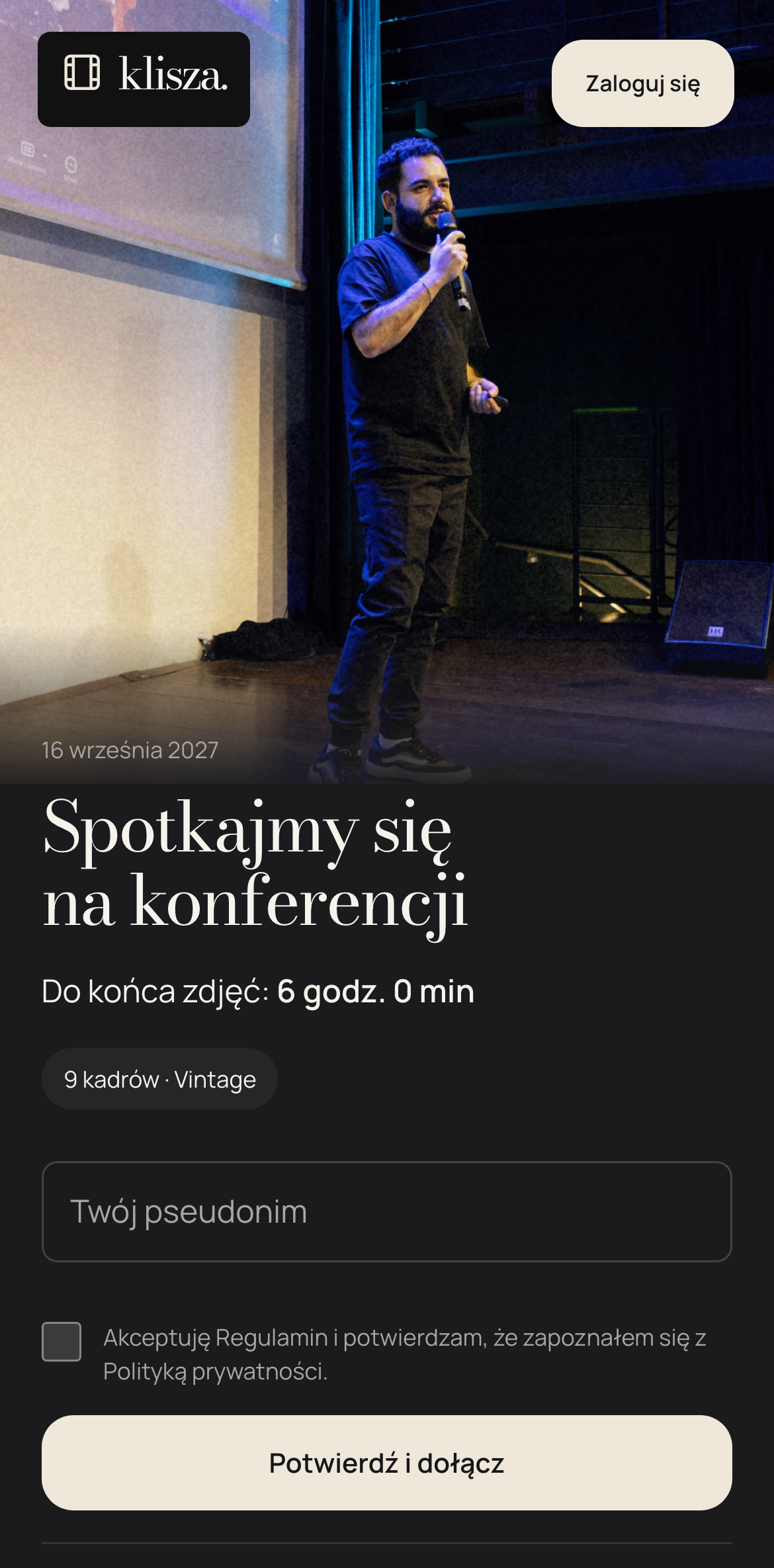 Zaproszenie Klisza: Spotkajmy się na konferencji, z polem na imię przed dołączeniem
