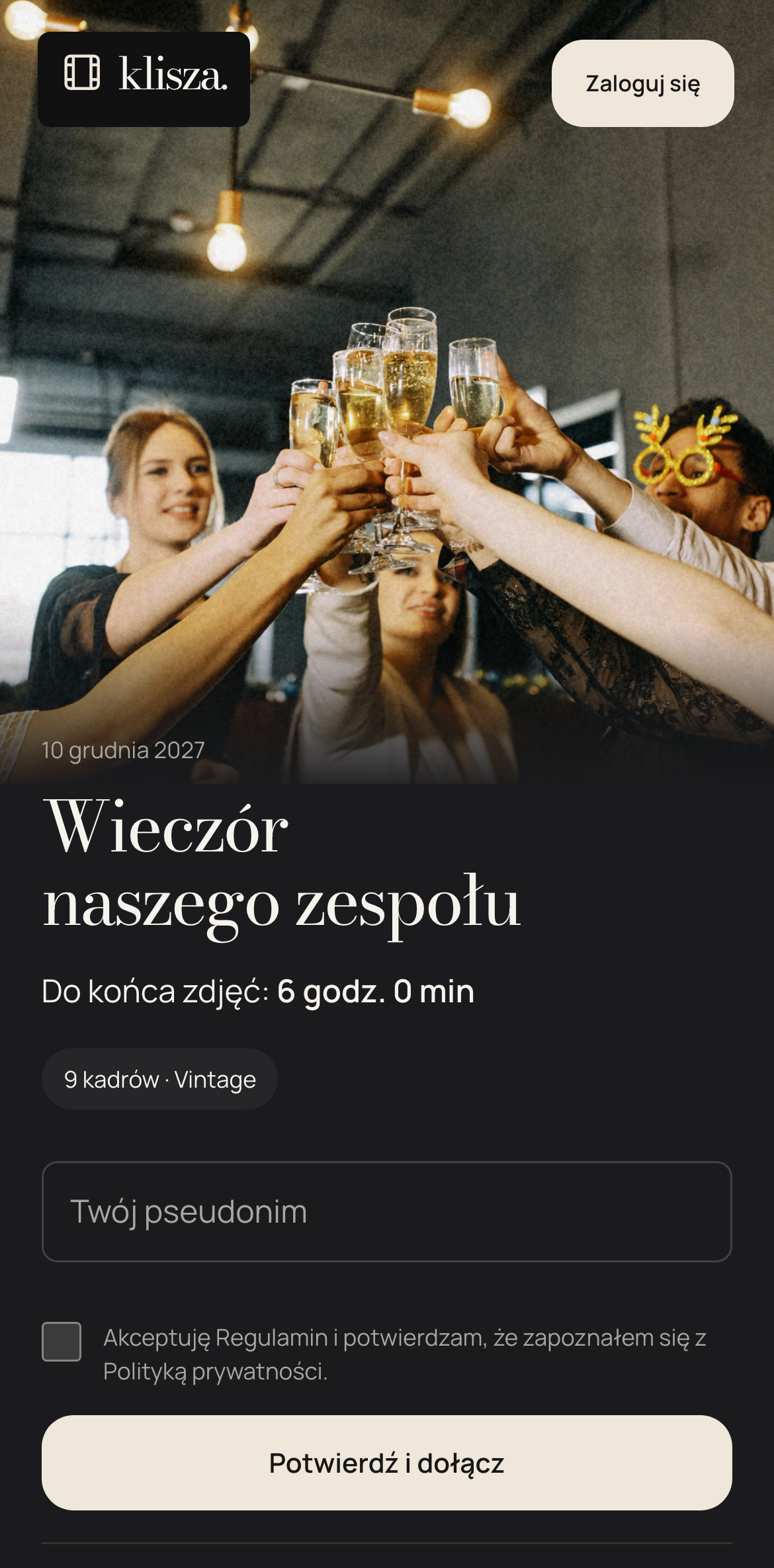 Zaproszenie Klisza: Wieczór naszego zespołu, z polem na imię przed dołączeniem